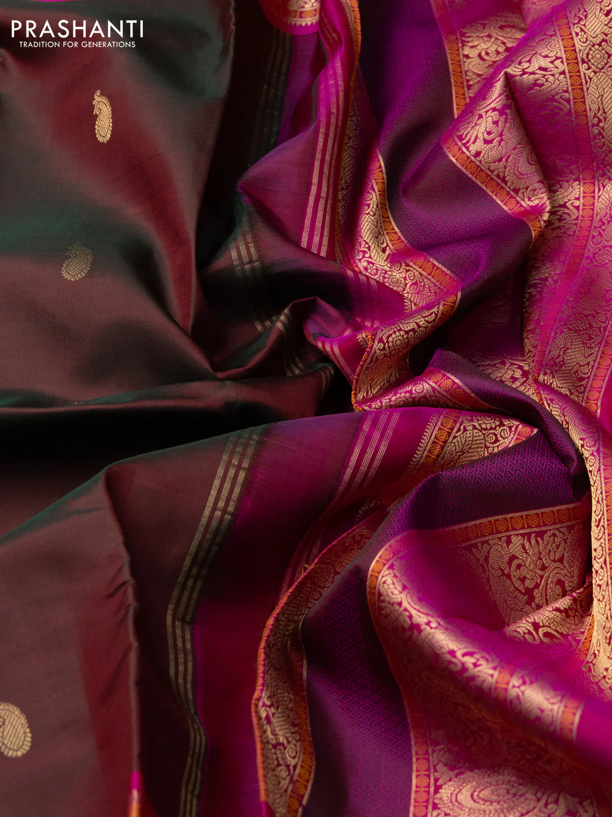 Pure kanchipuram silk saree dual shade of greenish maroon and pink with zari woven buttas and long rettapet zari woven border - Image 3
