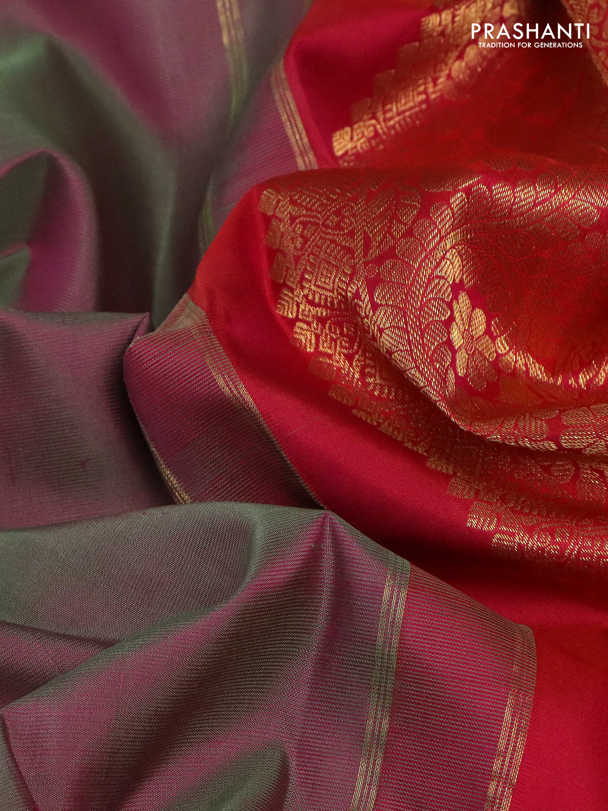 Pure kanchipuram silk saree dual shade of greenish pink and dual shade of pinkish orange with zari woven buttas and zari woven border - Image 3