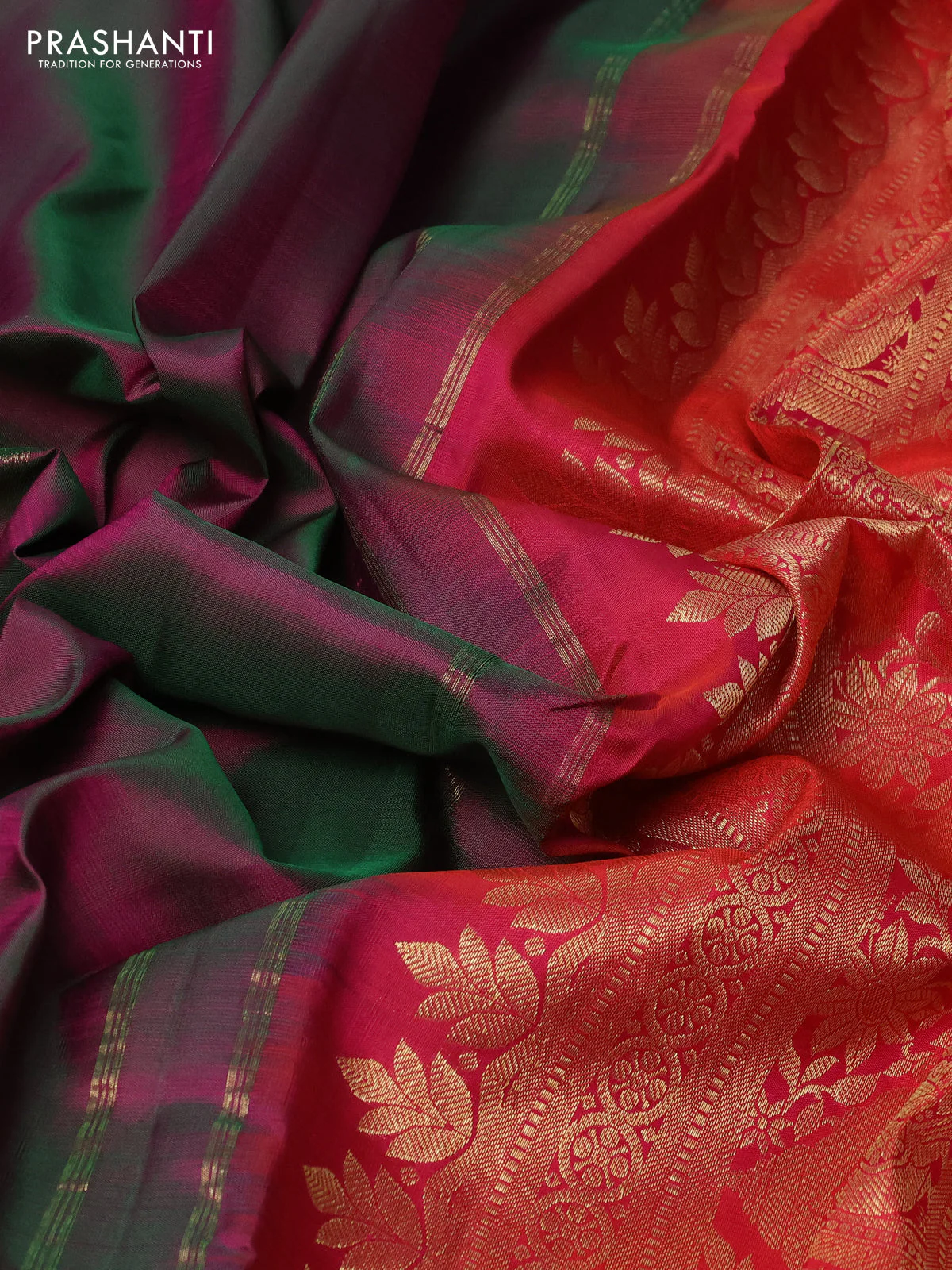 Pure kanchipuram silk saree dual shade of greenish purple and pink with zari woven buttas and rich zari woven border - Image 3