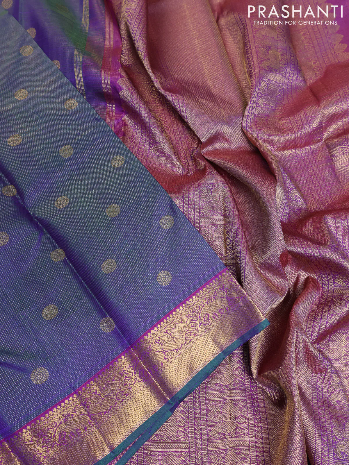 Pure kanchipuram silk saree dual shade of greenish violet and purple with allover zari weaves & buttas and elephant & annam zari woven border - Image 4
