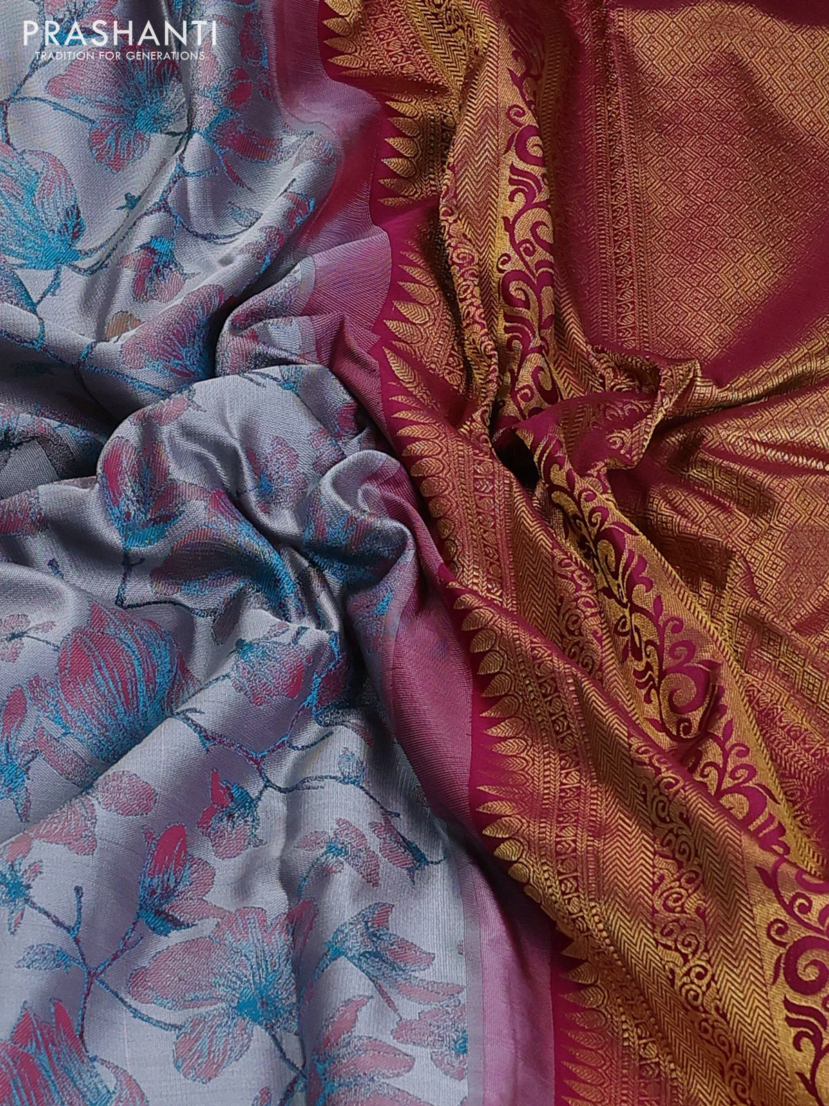 Pure kanchipuram silk saree dual shade of grey and dark magenta pink with allover thread woven floral brocade weaves and zari woven border - Image 3