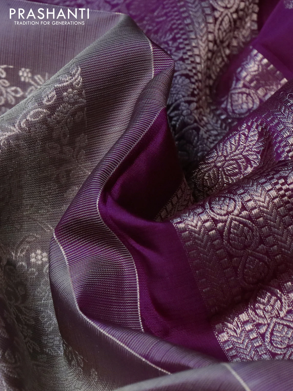 Pure kanchipuram silk saree dual shade of grey and purple with allover silver zari woven brocade weaves and long silver zari woven butta border - Image 4