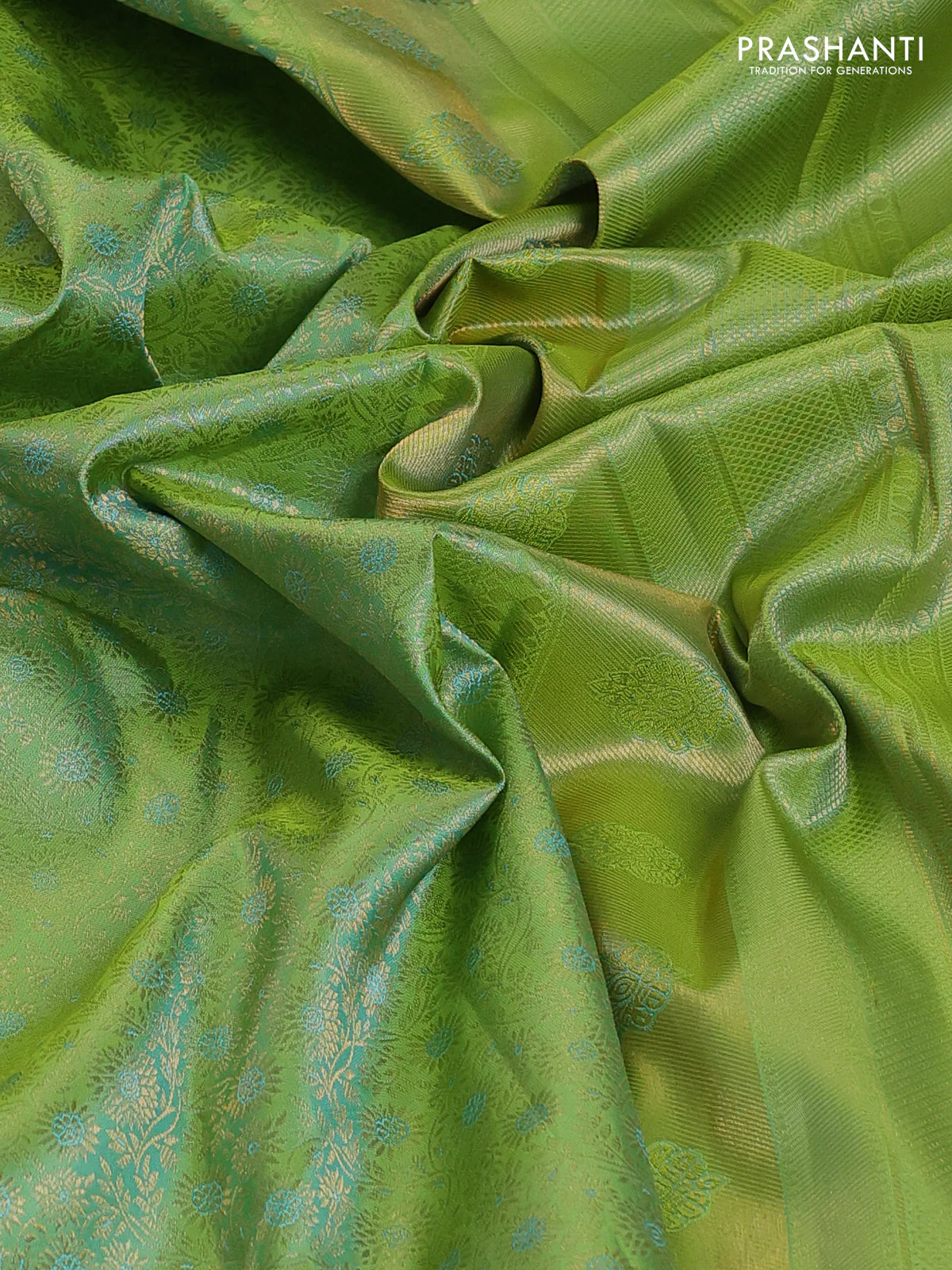 Pure kanchipuram silk saree dual shade of light green with allover zari woven brocade weaves and long rettapet zari woven border - Image 3