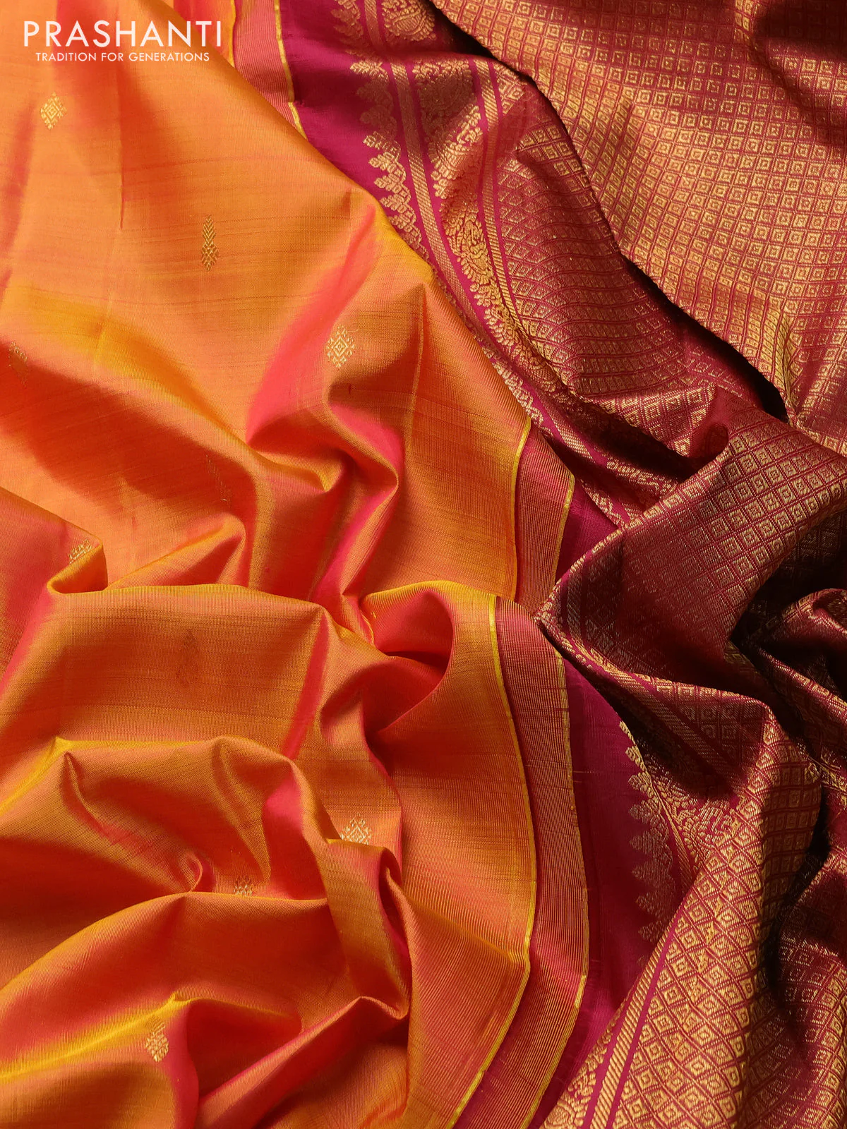 Pure kanchipuram silk saree dual shade of mango yellow and magenta pink with zari woven buttas and rich zari woven border - Image 3