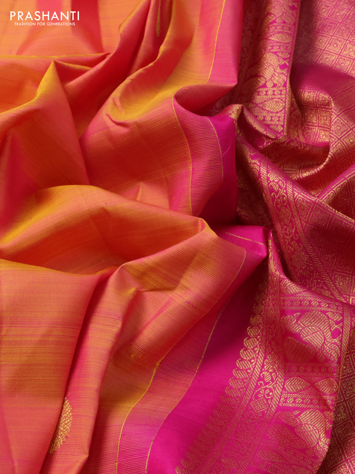 Pure kanchipuram silk saree dual shade of mustard and pink with zari woven buttas and zari woven butta border - Image 3