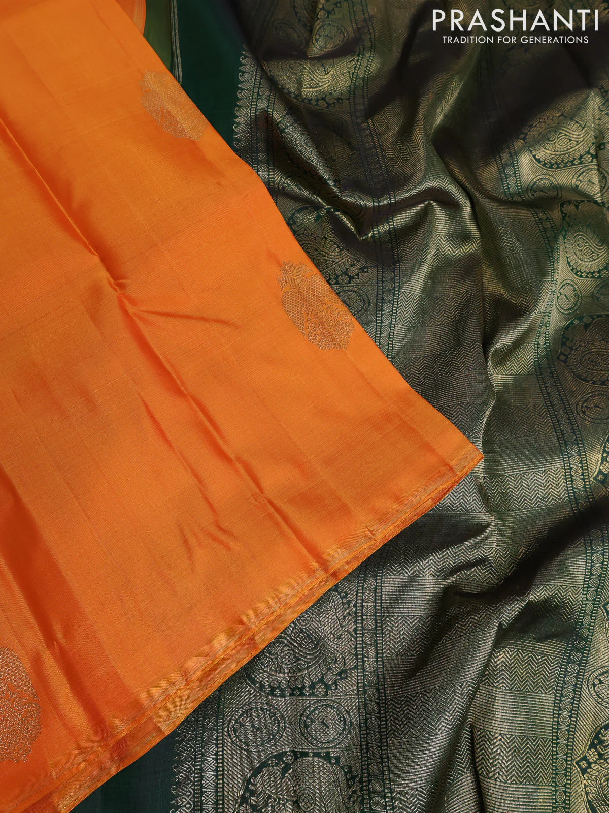 Pure kanchipuram silk saree dual shade of orange and green with zari woven buttas and piping border - Image 3