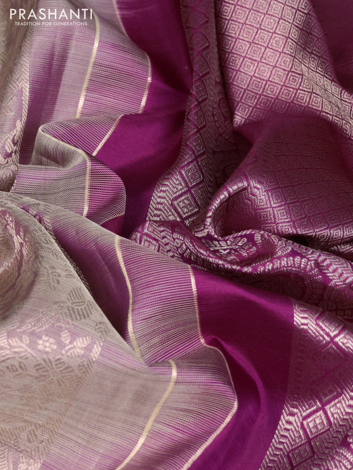 Pure kanchipuram silk saree dual shade of pastel grey and purple with allover zari woven brocade weaves and zari woven butta border - Image 3