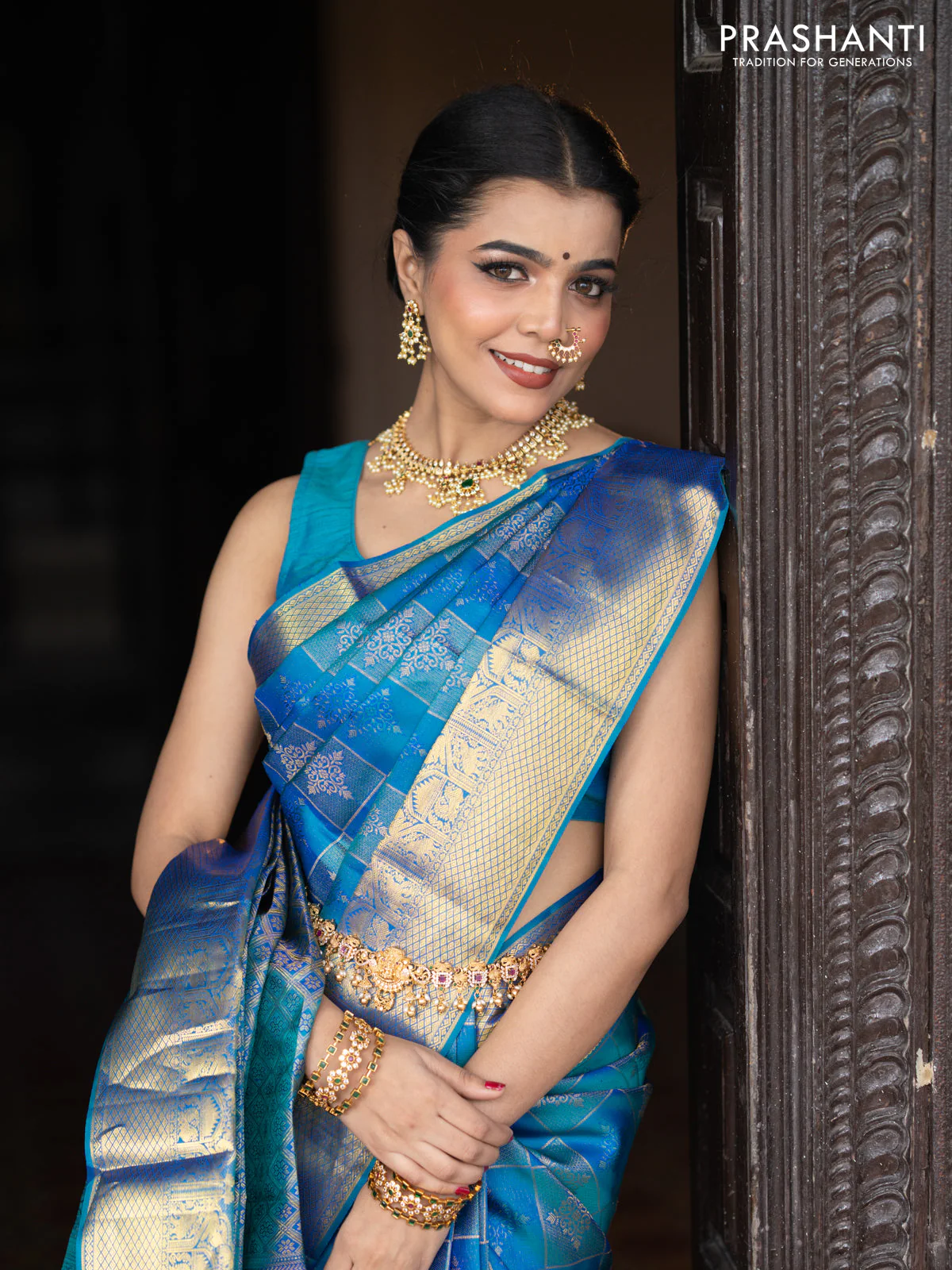 Pure kanchipuram silk saree dual shade of peacock blue with allover self emboss & zari weaves and zari woven border - Image 5