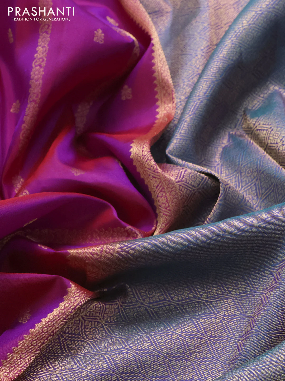 Pure kanchipuram silk saree dual shade of pink and cs blue with allover zari weaves & buttas and zari woven border - Image 3