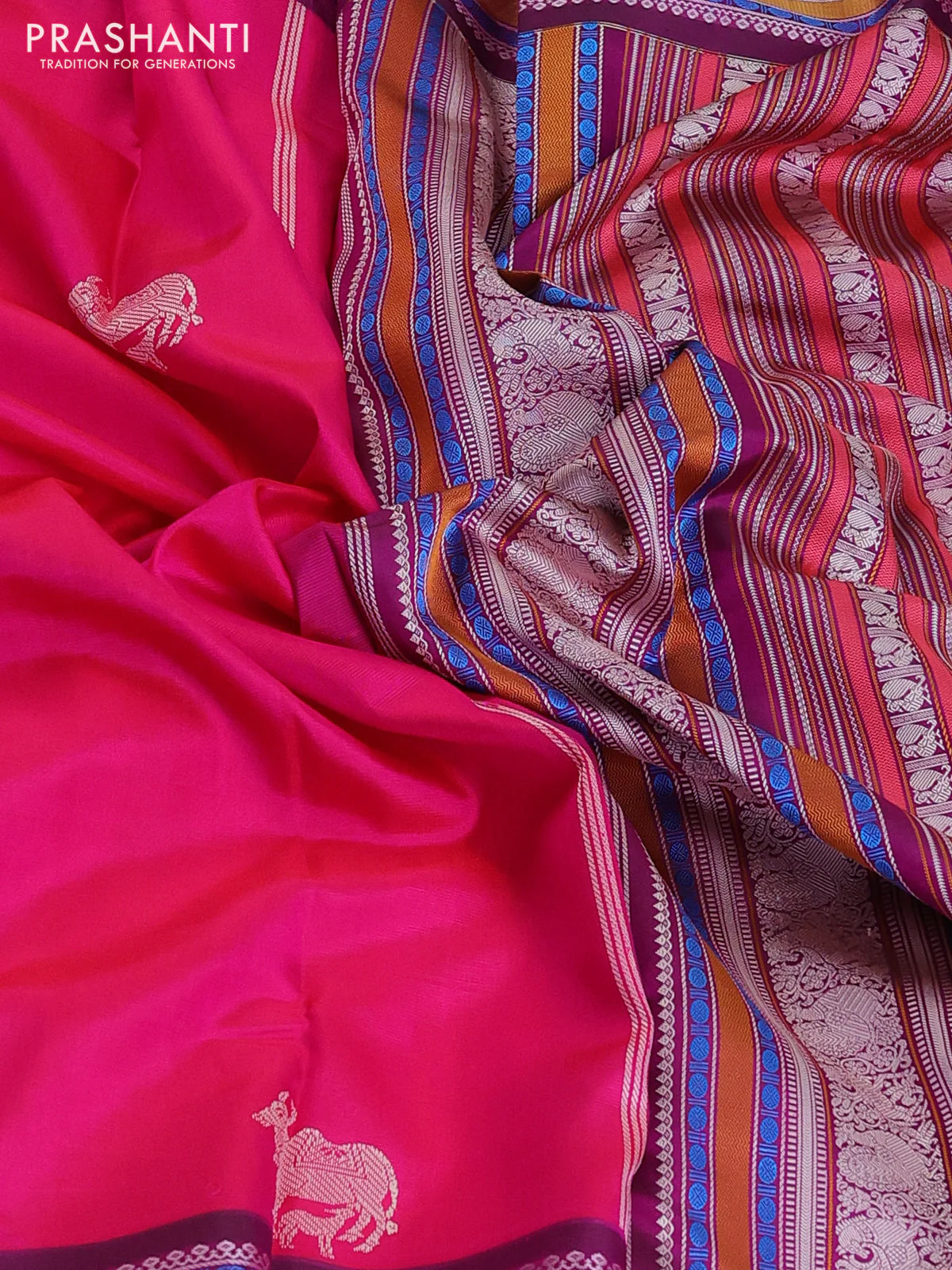 Pure kanchipuram silk saree dual shade of pink and dark magenta pink with thread woven buttas and long thread woven border - Image 3