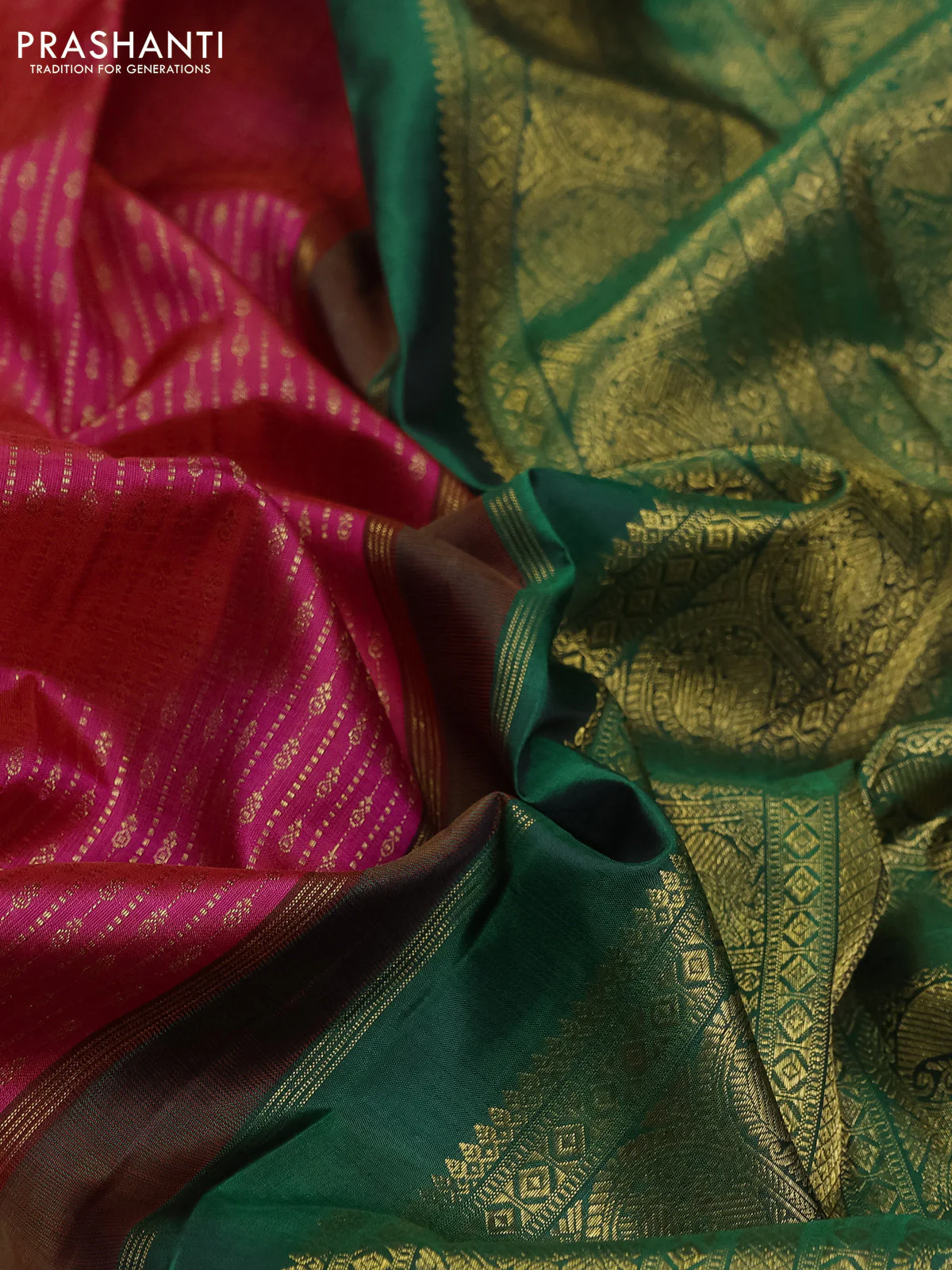 Pure kanchipuram silk saree dual shade of pink and green with allover zari weaves and zari woven korvai border - Image 3