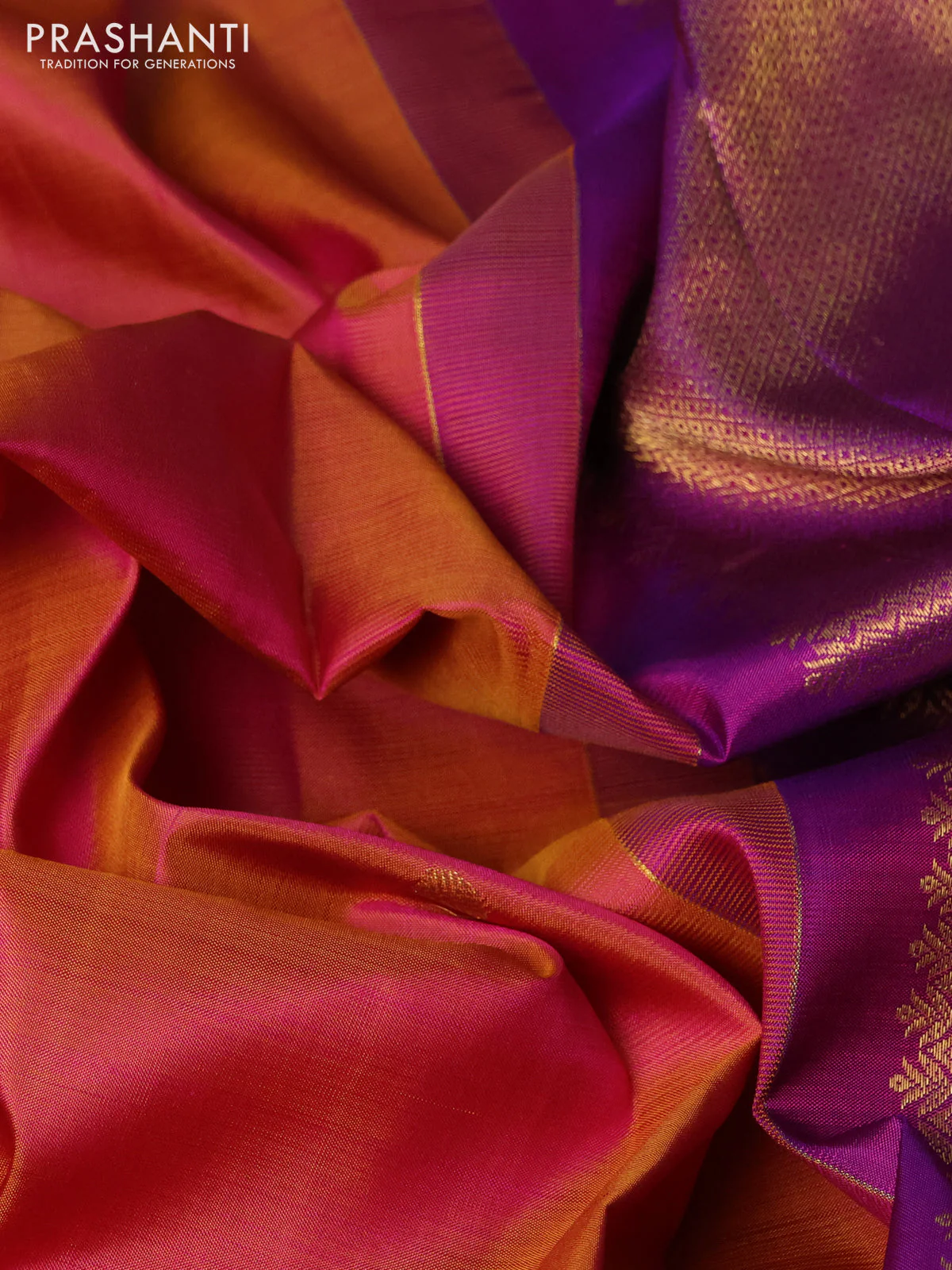 Pure kanchipuram silk saree dual shade of pinkish mustard and purple with zari woven buttas and rich zari woven border - Image 3
