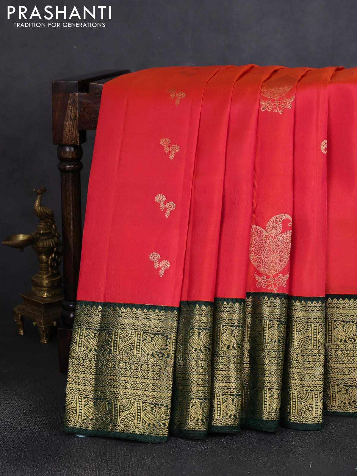 Pure kanchipuram silk saree dual shade of pinkish orange and bottle green with zari woven buttas and long zari woven border