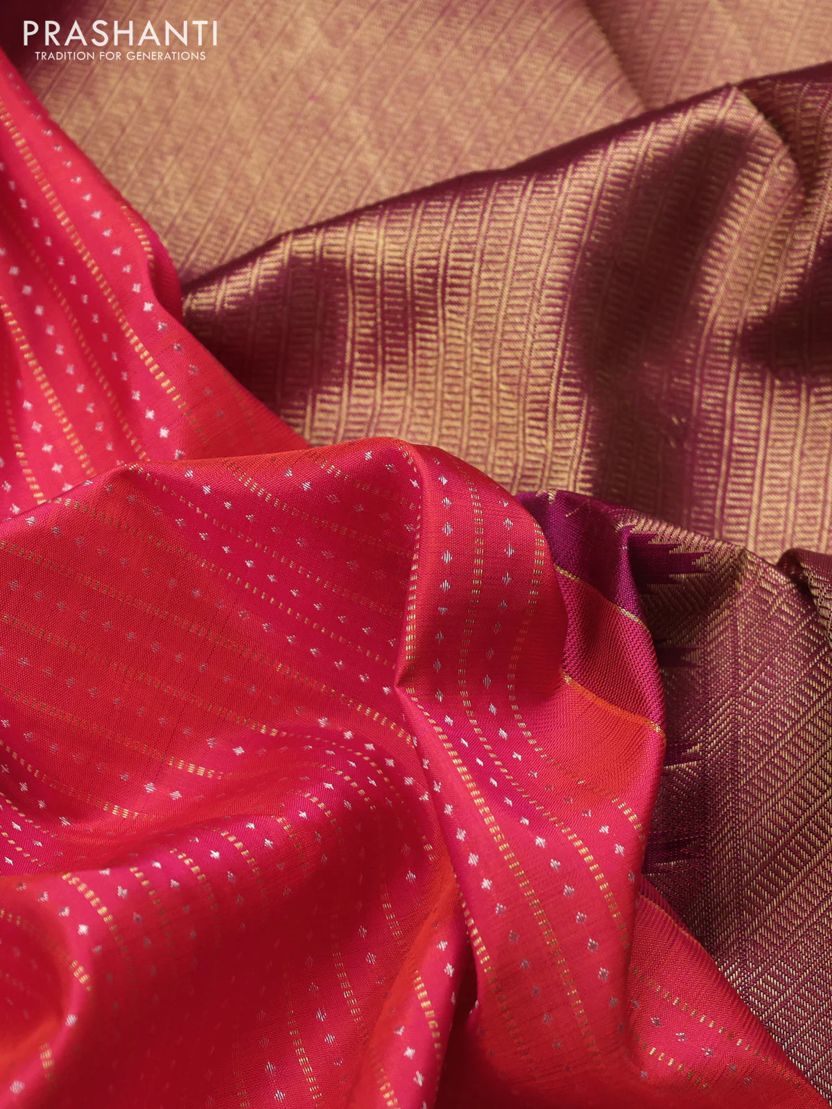 Pure kanchipuram silk saree dual shade of pinkish orange and dark magenta pink with allover silver & gold zari weaves and zari woven butta border - Image 3