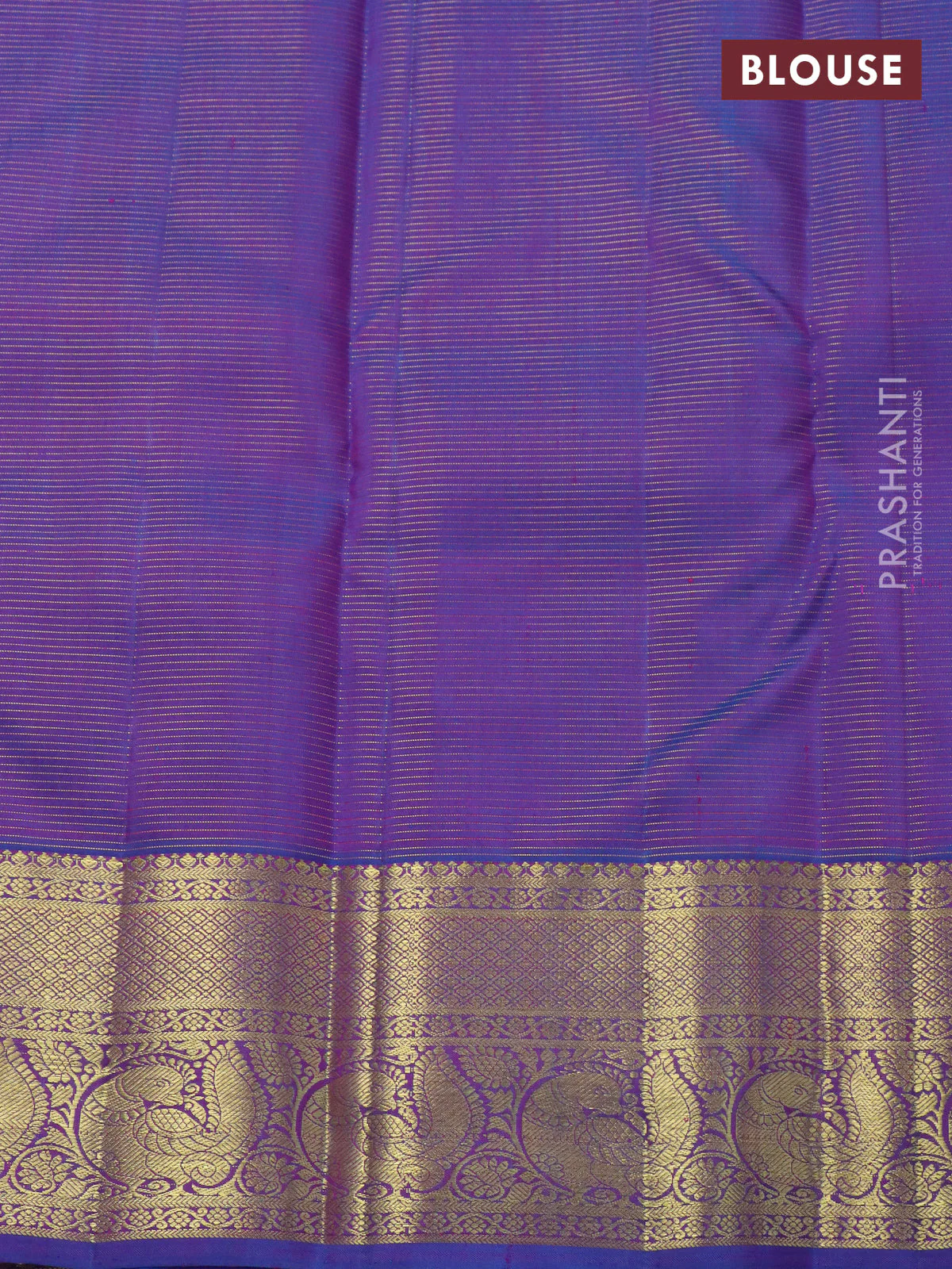 Pure kanchipuram silk saree dual shade of pinkish orange and dual shade of blue with allover zari woven stripes pattern & buttas and zari woven border - Image 4