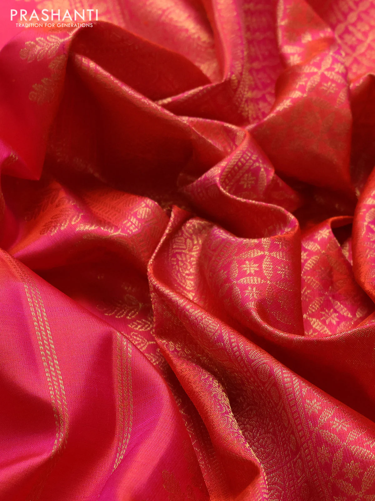 Pure kanchipuram silk saree dual shade of pinkish orange and dual shade of green with zari woven buttas and rich zari woven border - Image 3
