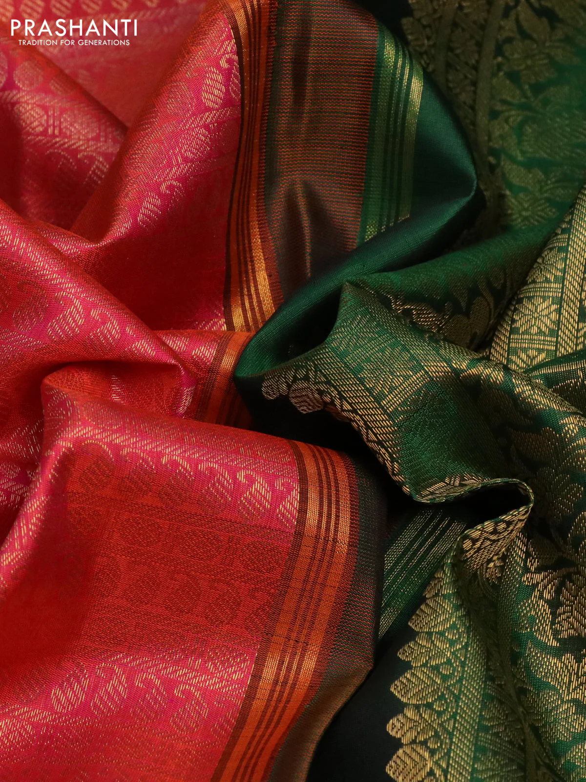 Pure kanchipuram silk saree dual shade of pinkish orange and green with allover zari woven brocade weaves and zari woven border - Image 3
