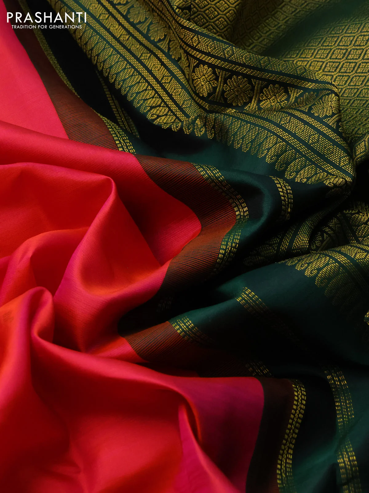 Pure kanchipuram silk saree dual shade of pinkish orange and green with zari woven buttas and zari woven korvai border - Image 3