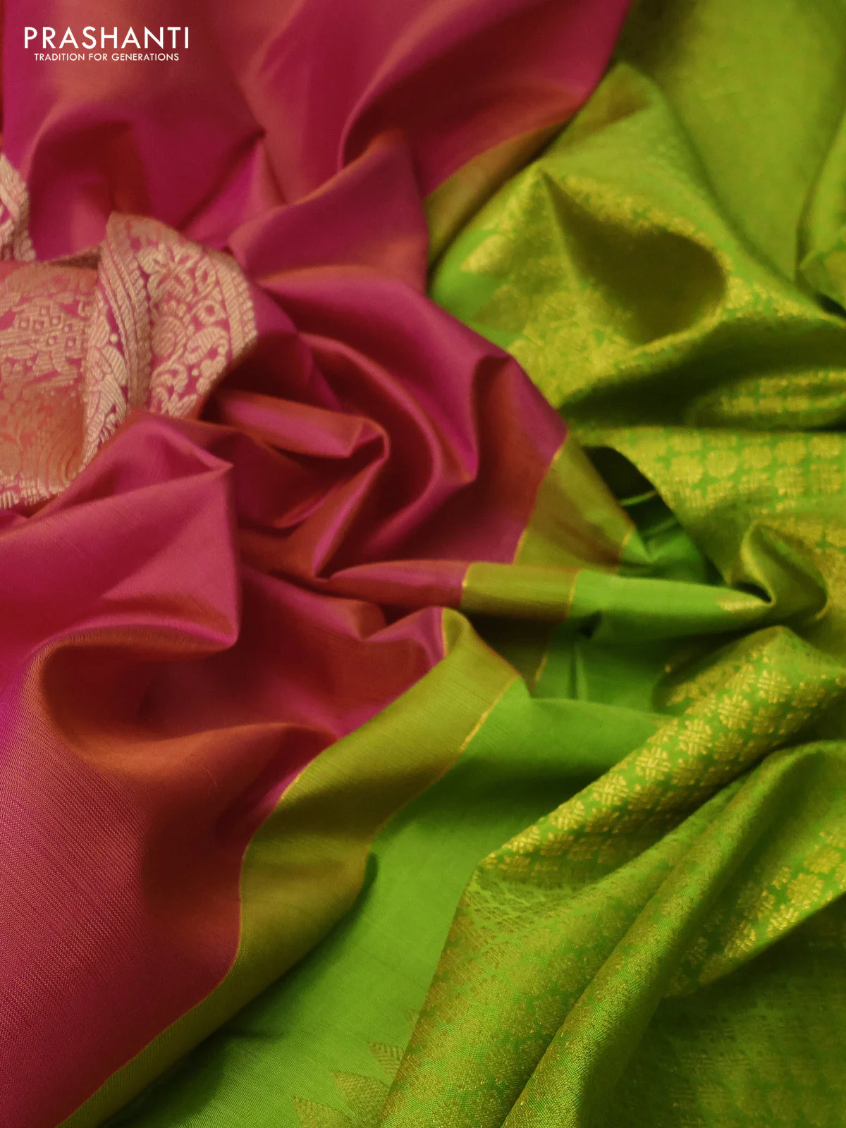 Pure kanchipuram silk saree dual shade of pinkish orange and light green with paisley zari woven buttas in borderless style - Image 3