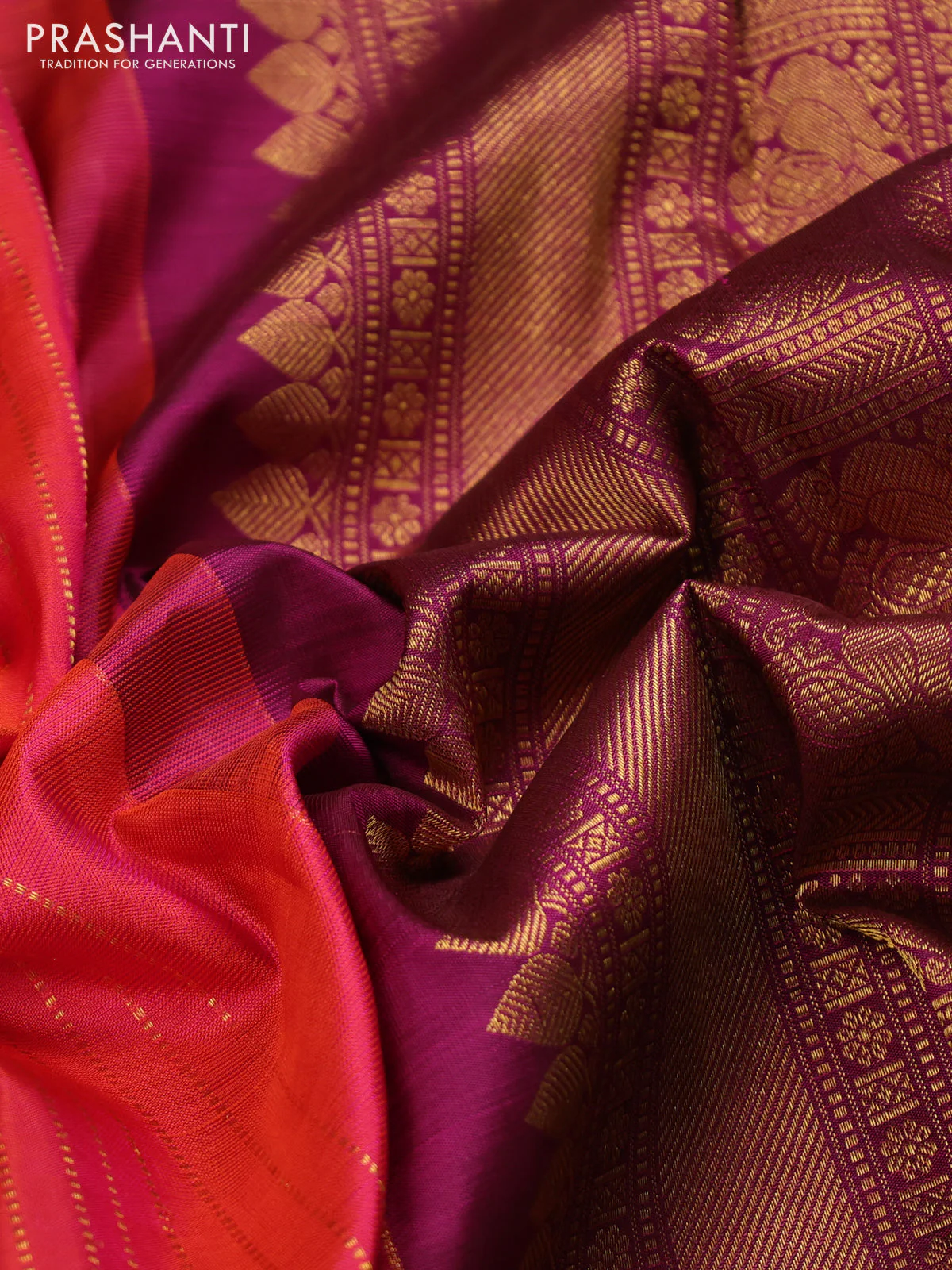 Pure kanchipuram silk saree dual shade of pinkish orange and magenta pink with allover zari woven stripes pattern and zari woven butta border - Image 3