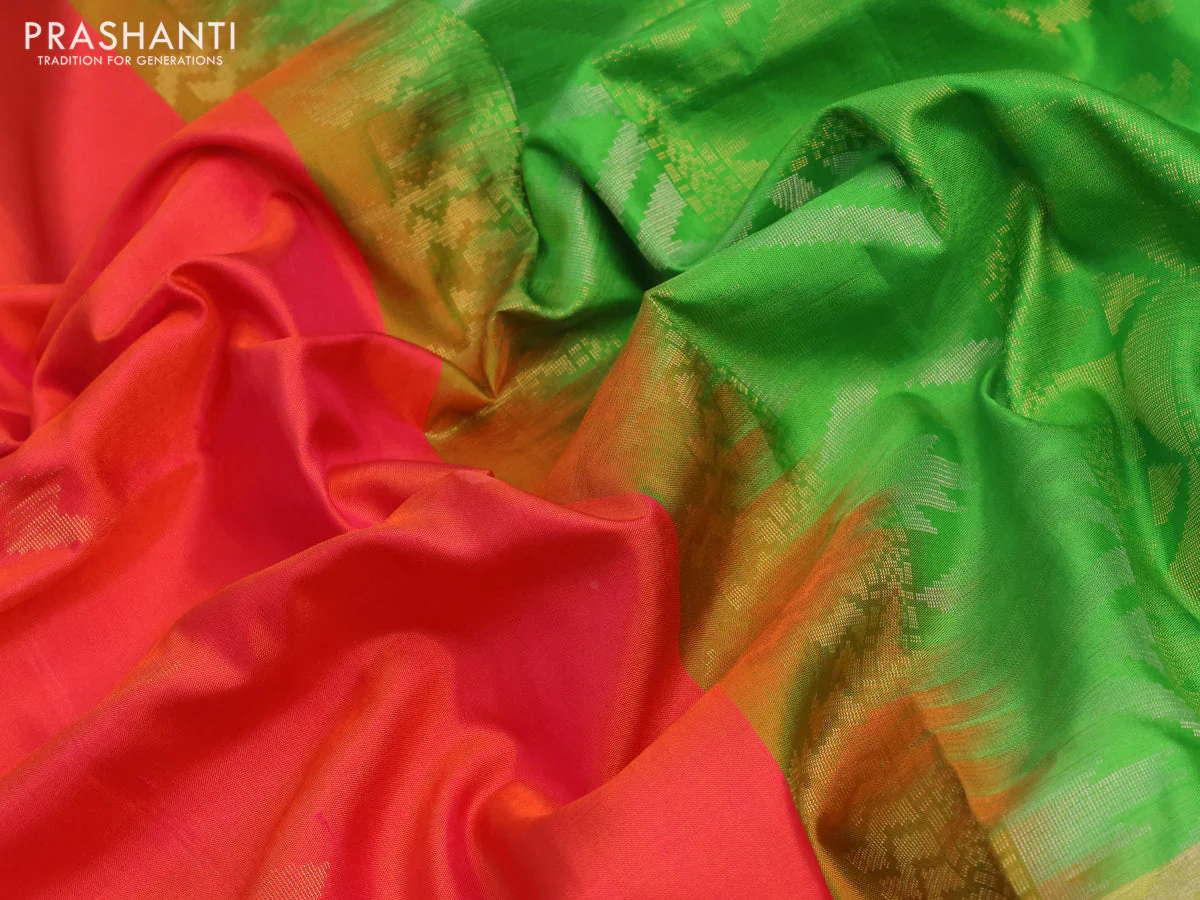 Pure kanchipuram silk saree dual shade of pinkish orange and parrot green with silver & gold zari woven buttas and long zari woven butta border - aari work blouse - Image 3