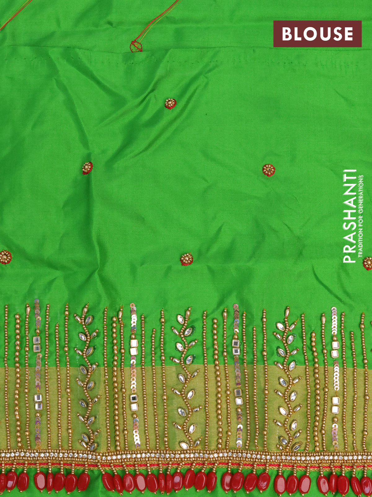 Pure kanchipuram silk saree dual shade of pinkish orange and parrot green with silver & gold zari woven buttas and long zari woven butta border - aari work blouse - Image 4
