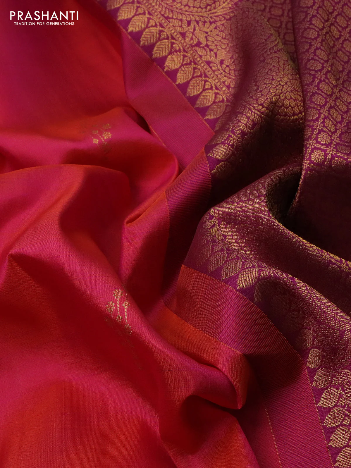 Pure kanchipuram silk saree dual shade of pinkish orange and purple with zari woven buttas and annam zari woven border - Image 3