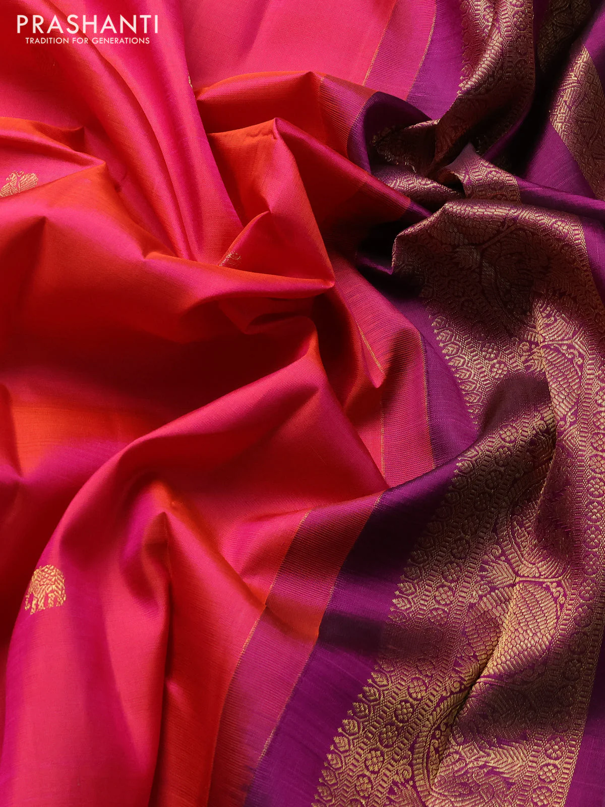 Pure kanchipuram silk saree dual shade of pinkish orange and purple with zari woven buttas and rich zari woven border - Image 3
