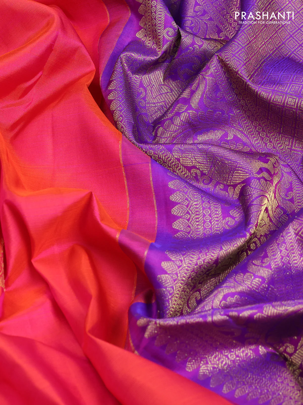 Pure kanchipuram silk saree dual shade of pinkish orange and purple with zari woven buttas and rich zari woven border - Image 3
