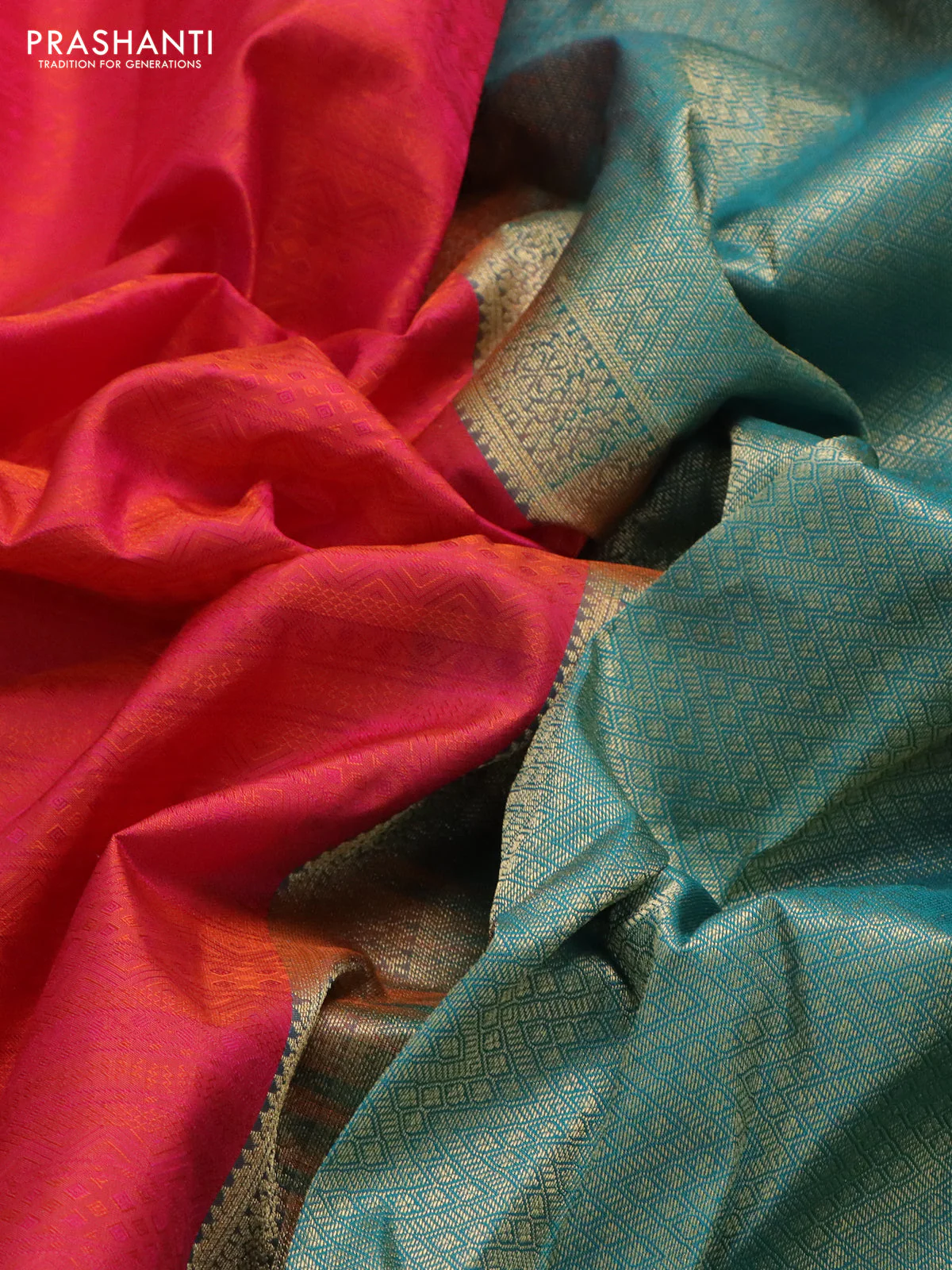 Pure kanchipuram silk saree dual shade of pinkish orange and teal green with allover self emboss and zari woven border - Image 3
