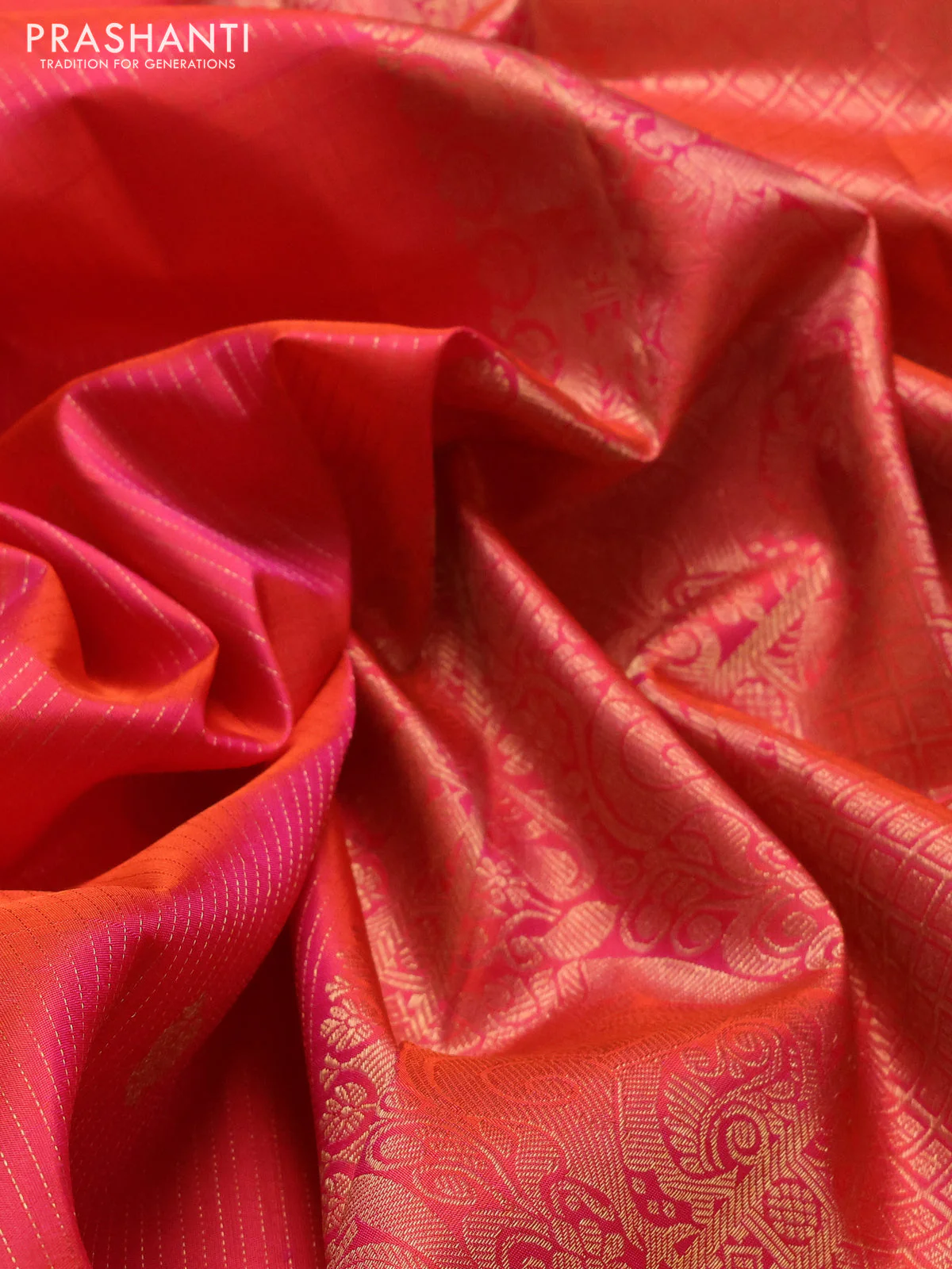 Pure kanchipuram silk saree dual shade of pinkish orange with allover zari weaves & buttas and long zari woven border - Image 3