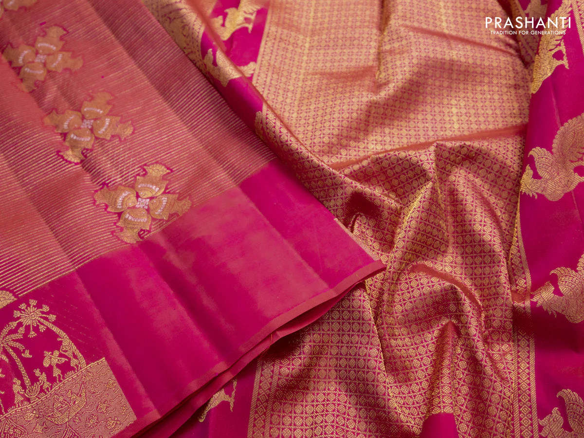 Pure kanchipuram silk saree dual shade of pinkish orange with allover zari woven vairaosi pattern & buttas and simple border - Image 3