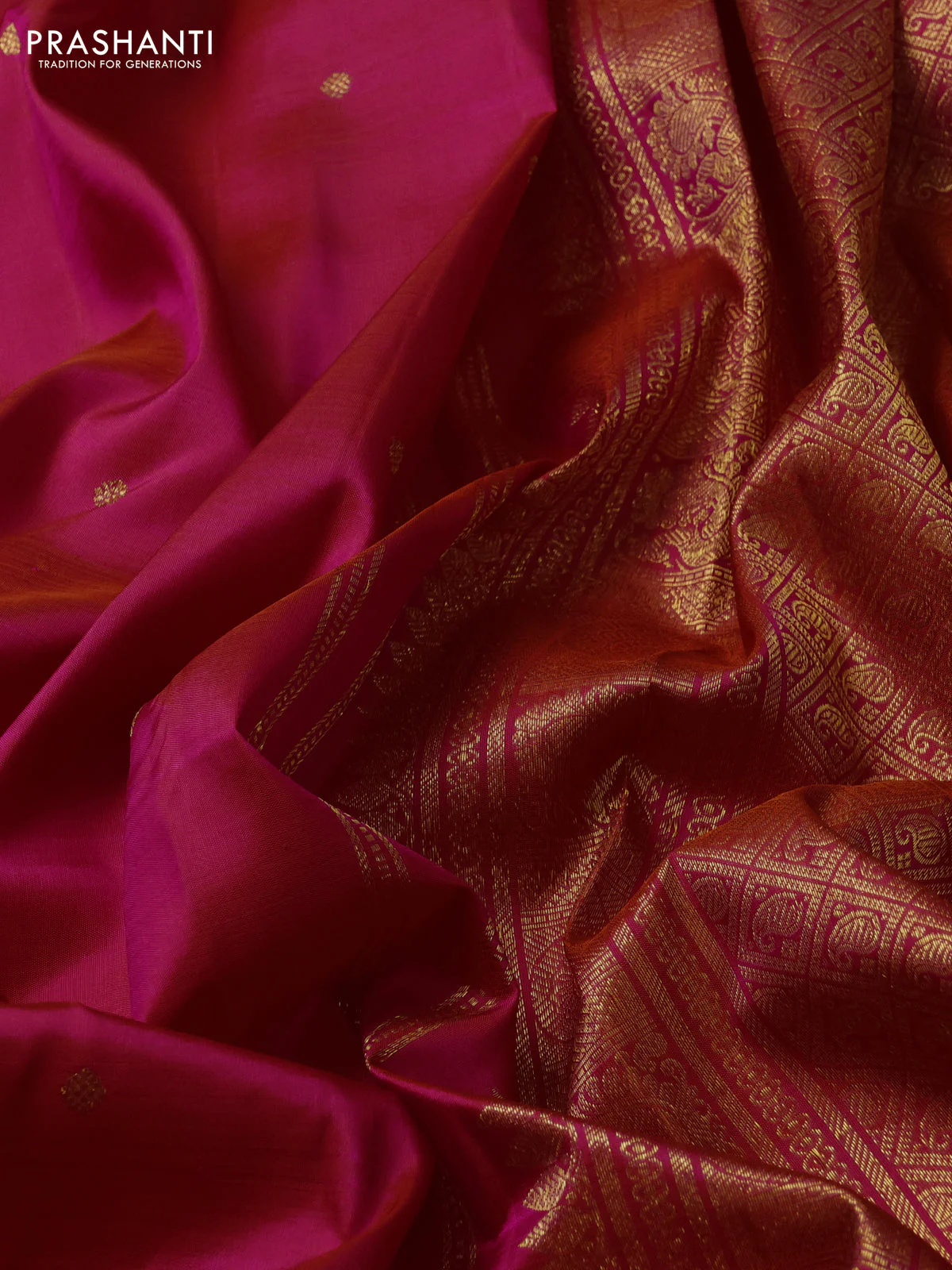 Pure kanchipuram silk saree dual shade of pinkish orange with zari woven buttas and zari woven border - Image 3