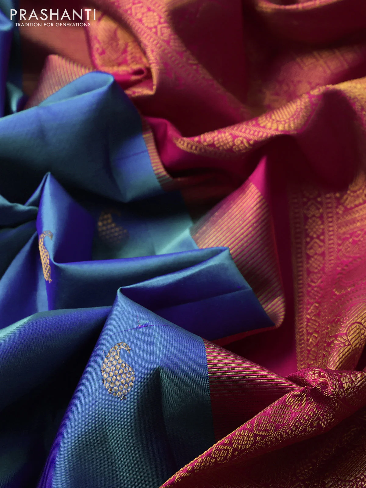 Pure kanchipuram silk saree dual shade of teal blue and pink with paisley zari woven buttas and rich paisley design zari woven border - Image 3