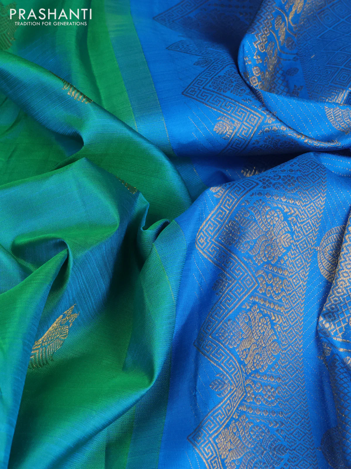 Pure kanchipuram silk saree dual shade of teal bluish green and cs blue with zari woven buttas and rettapet zari woven border - Image 3