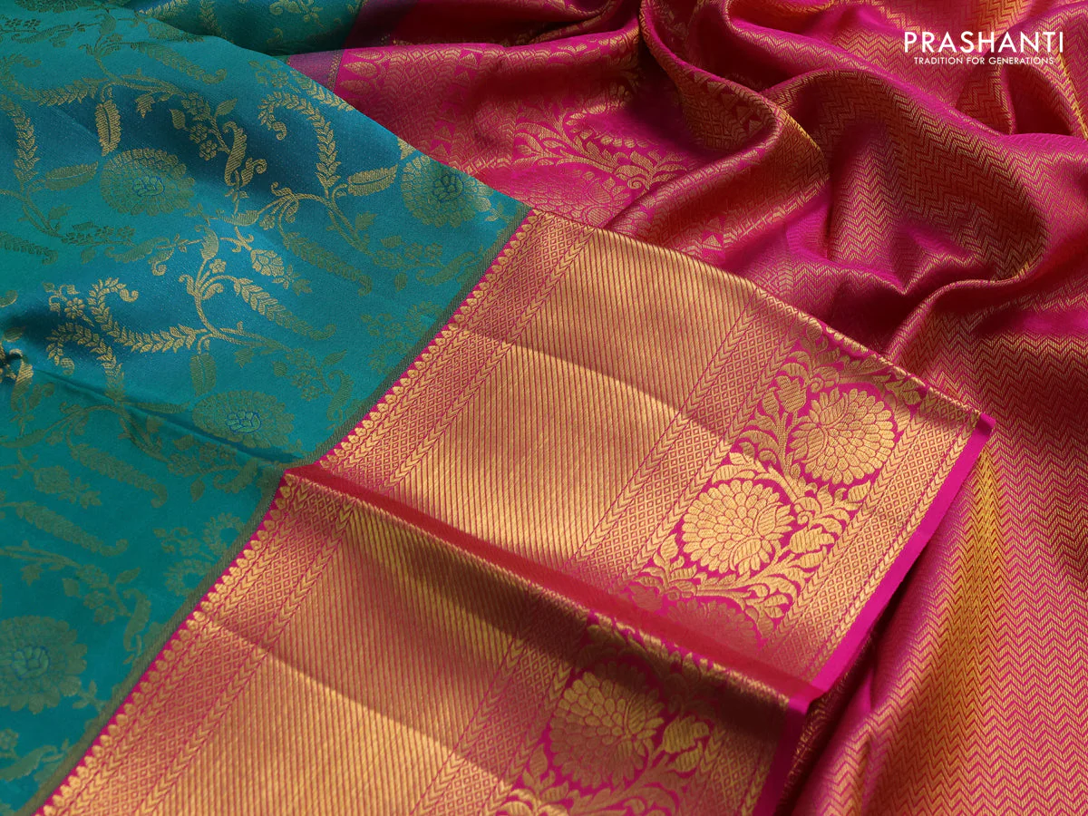 Pure kanchipuram silk saree dual shade of teal bluish green and pink with allover zari woven brocade weaves and zari woven border - Image 3