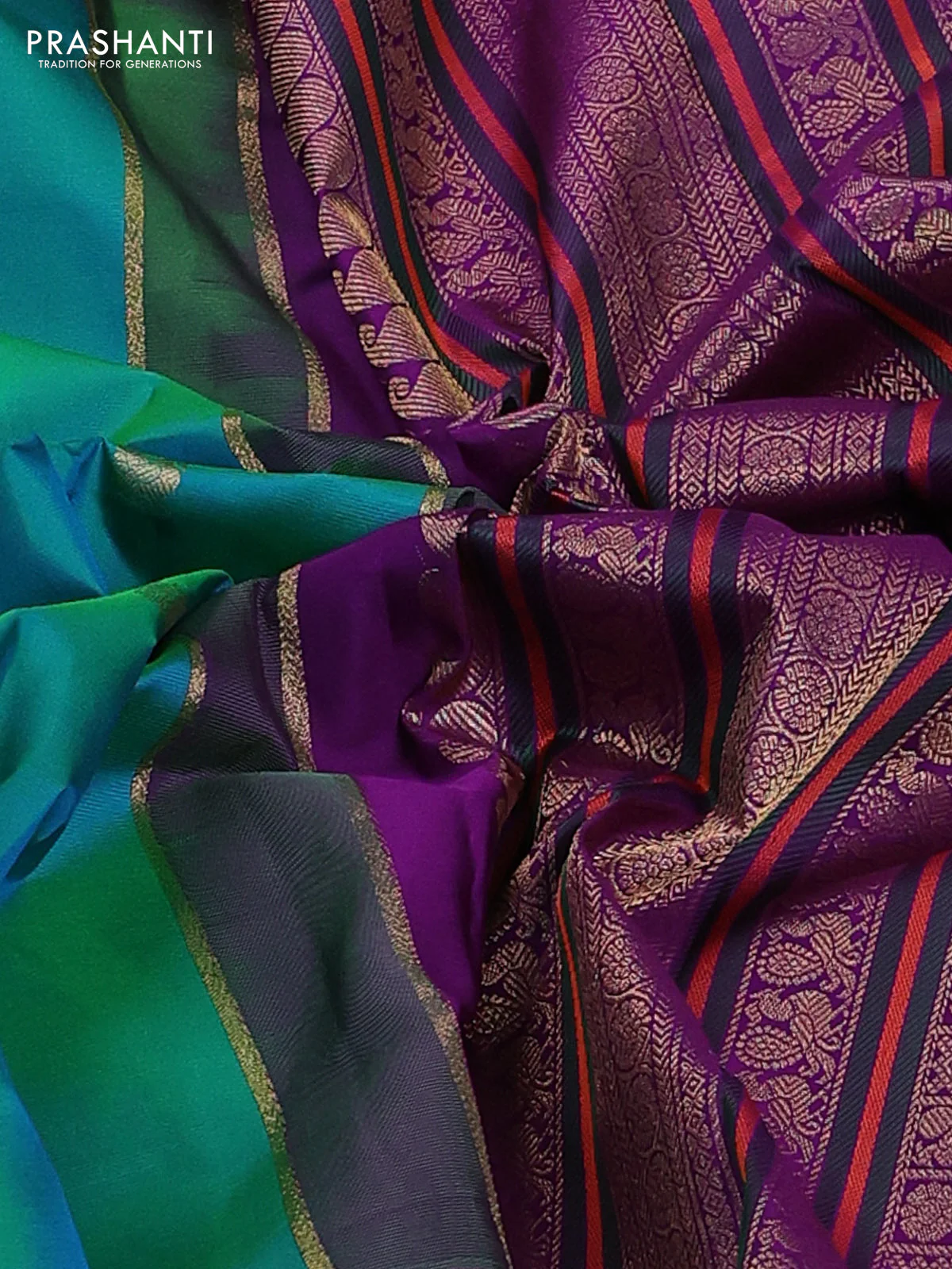 Pure kanchipuram silk saree dual shade of teal bluish green and purple with zari woven buttas and rich zari woven korvai border - Image 3