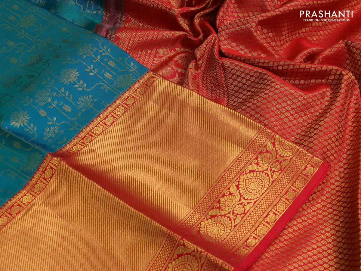 Pure kanchipuram silk saree dual shade of teal bluish green and red with allover zari woven brocade weaves and zari woven border - Image 3