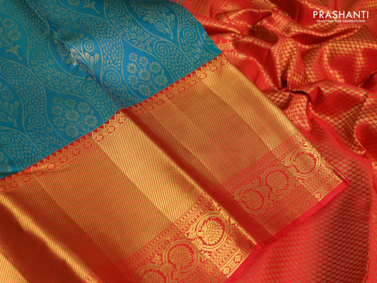 Pure kanchipuram silk saree dual shade of teal bluish green and red with allover zari woven brocade weaves and zari woven border - Image 3