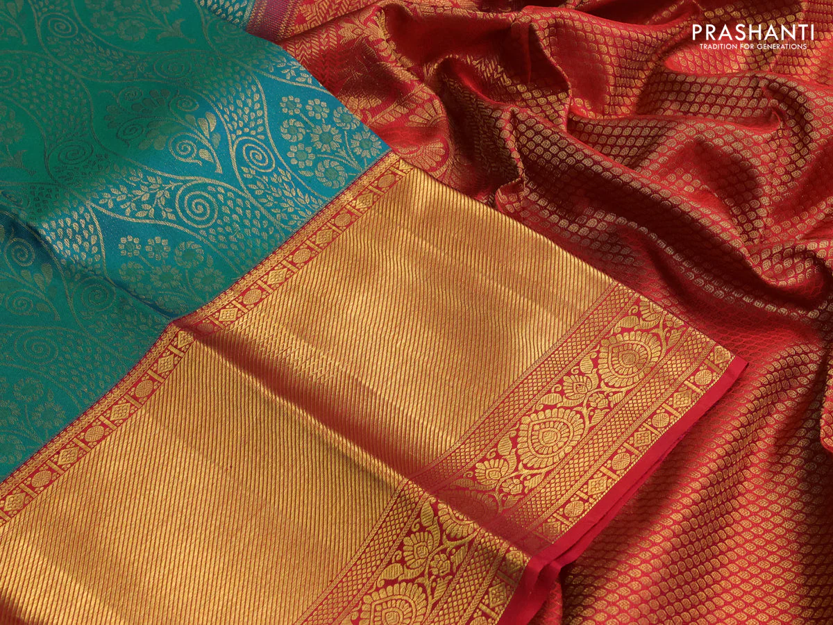 Pure kanchipuram silk saree dual shade of teal bluish green and red with allover zari woven brocade weaves and zari woven border - Image 3