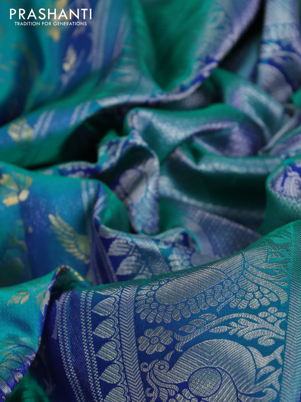 Pure kanchipuram silk saree dual shade of teal green with bird motif weaves and silver zari woven border - Image 10