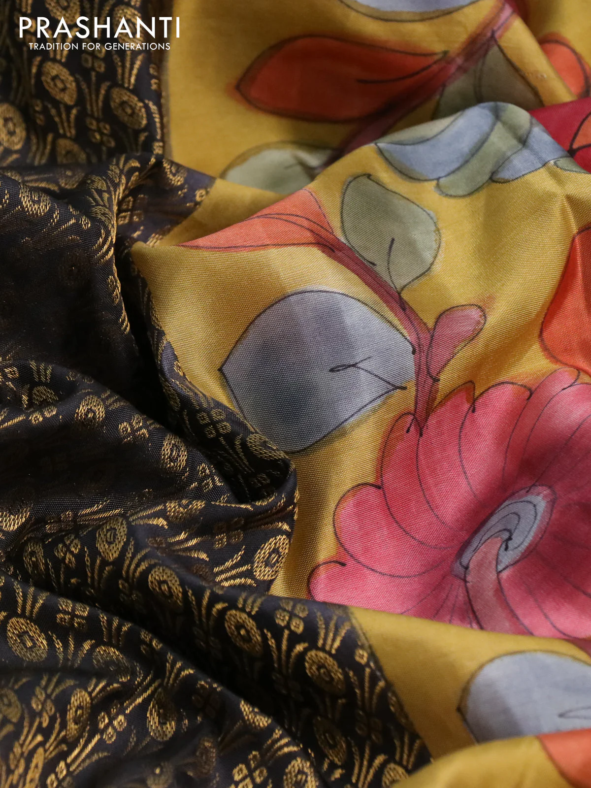 Pure kanchipuram silk saree elephant grey and mustard shade with allover zari woven brocade weaves and kalamkari printed pallu & border - Image 3