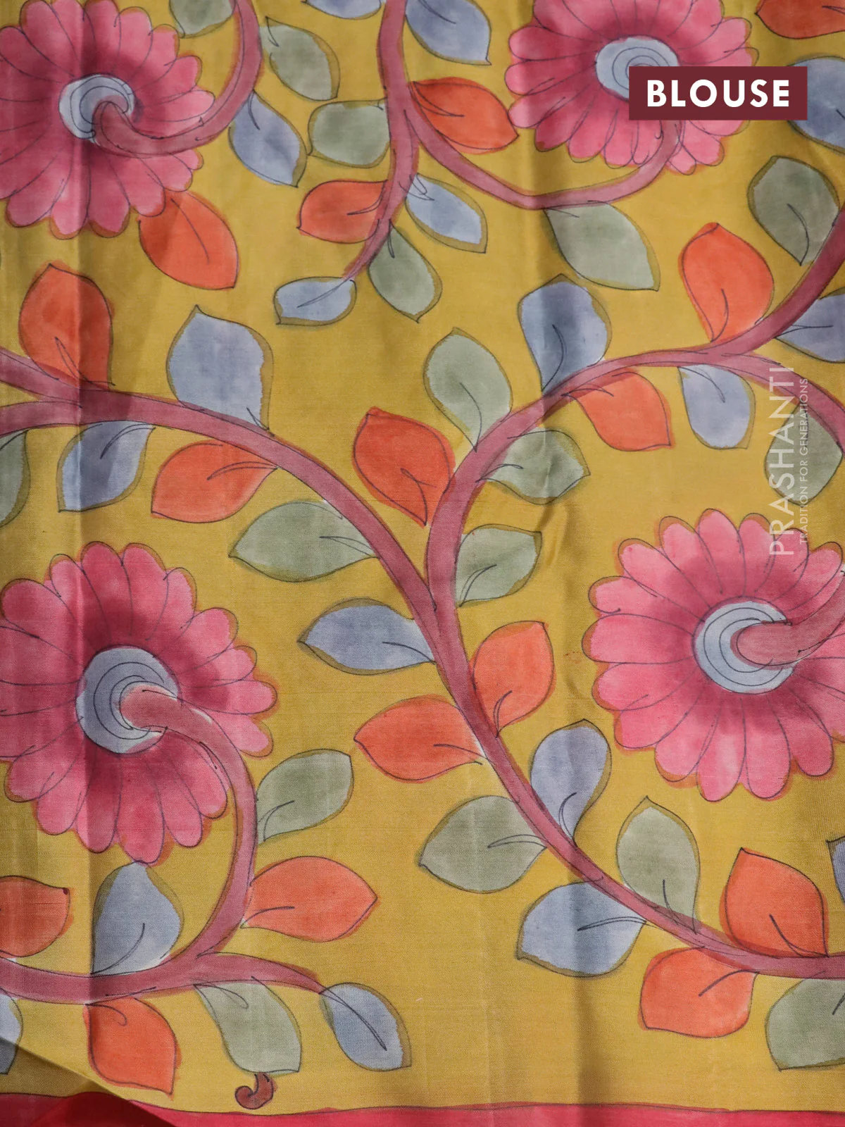 Pure kanchipuram silk saree elephant grey and mustard shade with allover zari woven brocade weaves and kalamkari printed pallu & border - Image 4