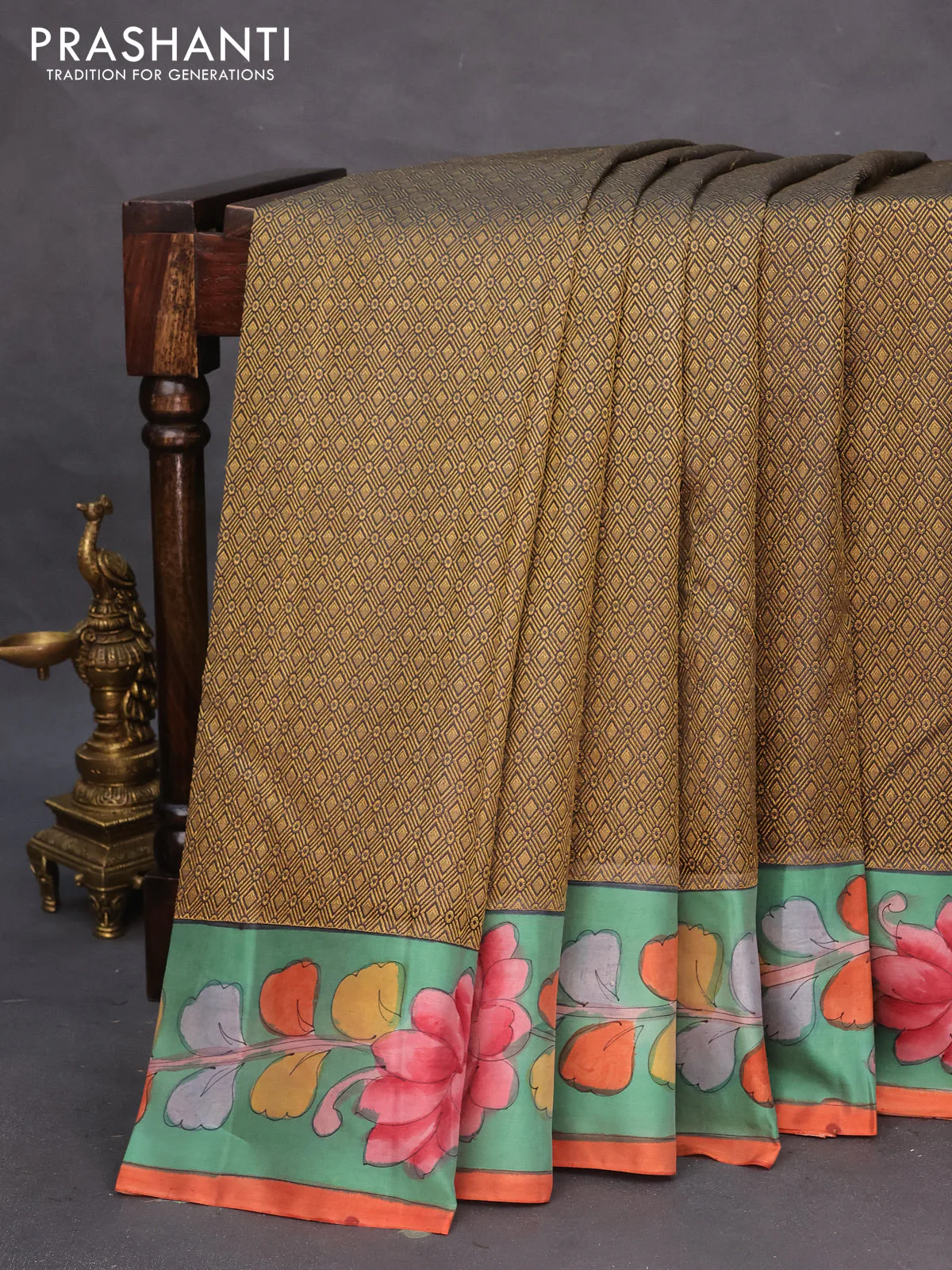 Pure kanchipuram silk saree elephant grey and teal green with allover zari woven geometric brocade weaves and kalamkari printed pallu & border