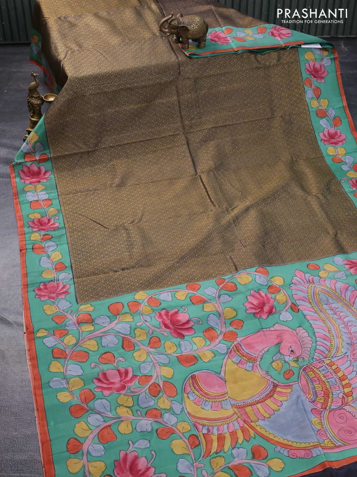 Pure kanchipuram silk saree elephant grey and teal green with allover zari woven geometric brocade weaves and kalamkari printed pallu & border - Image 2