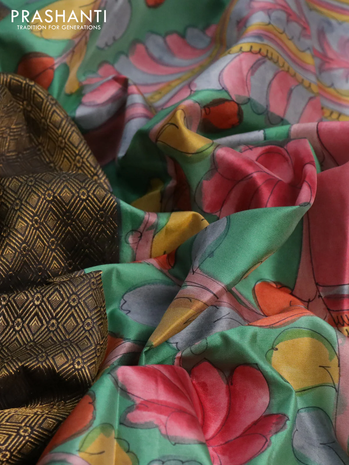 Pure kanchipuram silk saree elephant grey and teal green with allover zari woven geometric brocade weaves and kalamkari printed pallu & border - Image 3