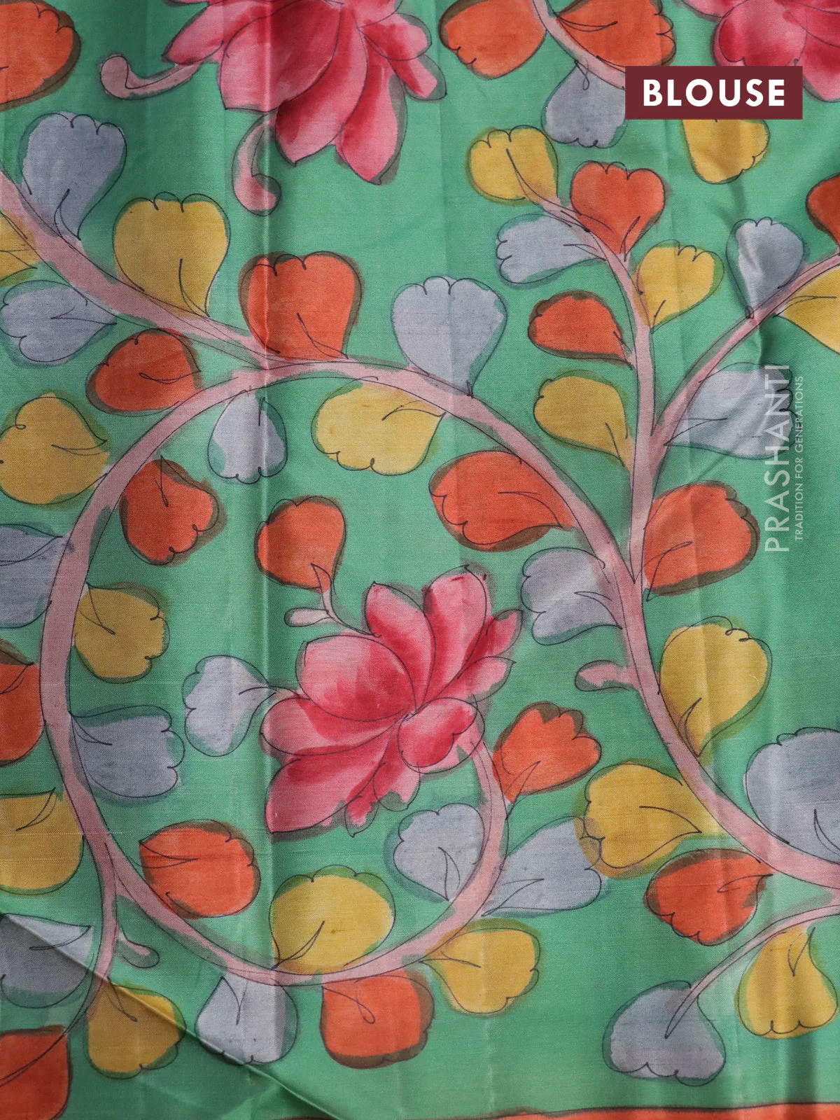 Pure kanchipuram silk saree elephant grey and teal green with allover zari woven geometric brocade weaves and kalamkari printed pallu & border - Image 4