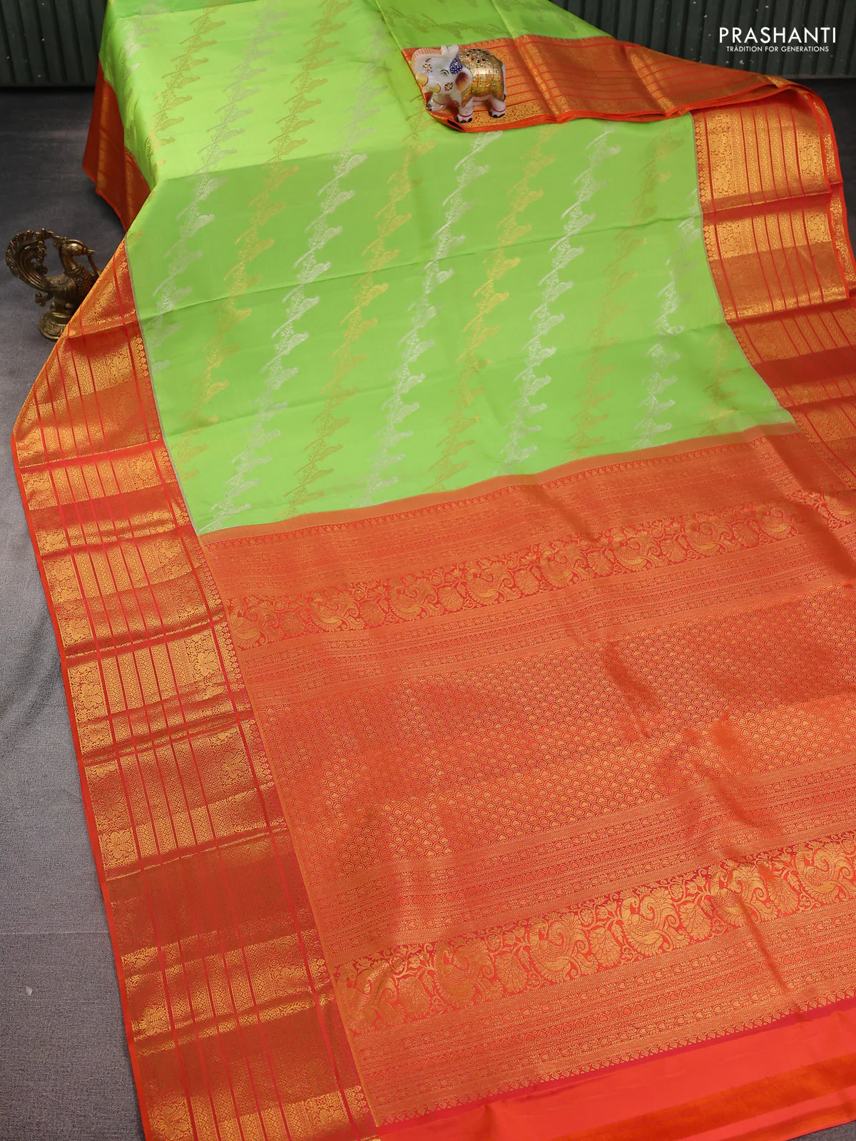 Pure kanchipuram silk saree fluorescent green and orange with silver & gold zari woven bird weaves and long zari woven korvai border - Image 2