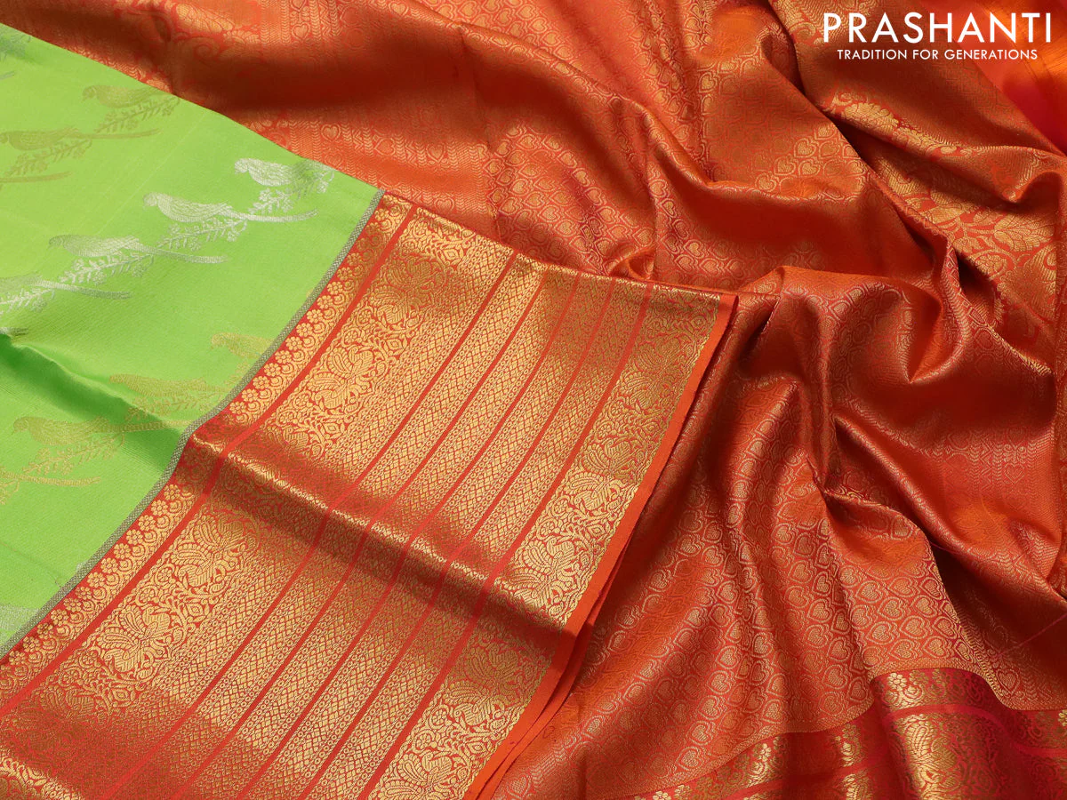 Pure kanchipuram silk saree fluorescent green and orange with silver & gold zari woven bird weaves and long zari woven korvai border - Image 3