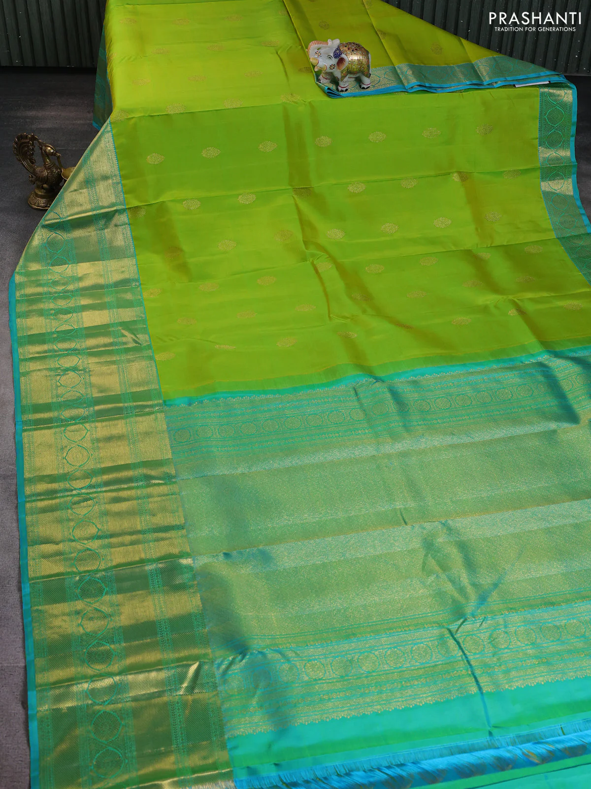 Pure kanchipuram silk saree fluorescent green and teal blue with zari woven buttas and long zari woven border - Image 2